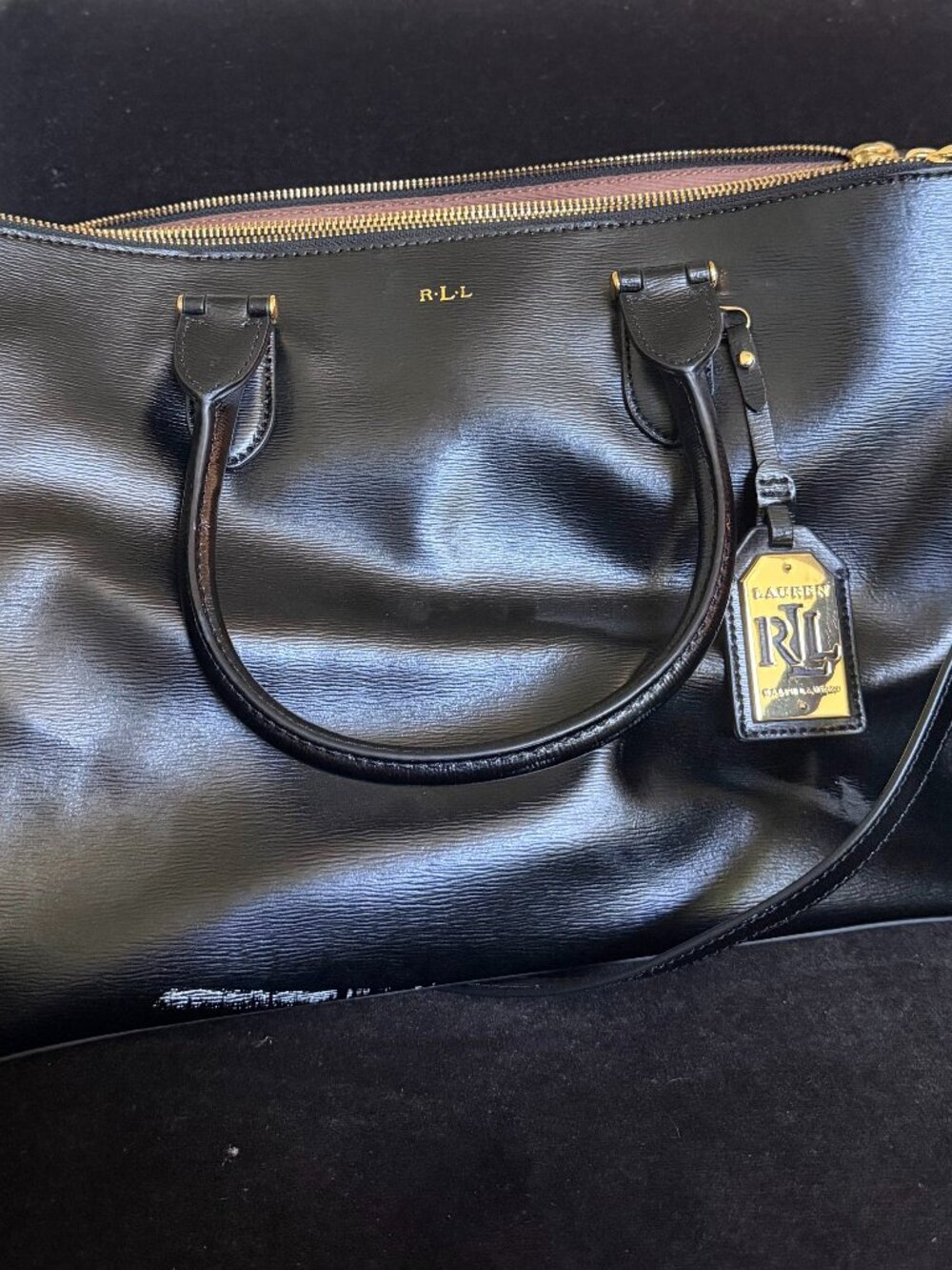 Lauren Ralph Lauren Black Saffiano Leather Triple Compartment Satchel Tote RLL